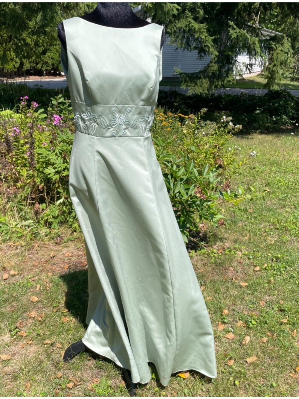Vintage 90s Mori Lee Formal Dress Long Satin Sage Green Embroidered High Neck 14